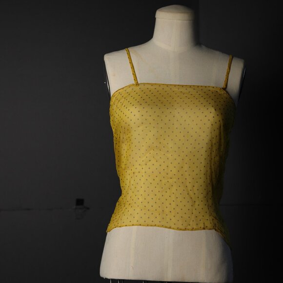 Sz 42  L Chanel Vintage 3-Piece Ruffled Yellow Silk w/Black Polkadots Chiffon Bl - Picture 4 of 9